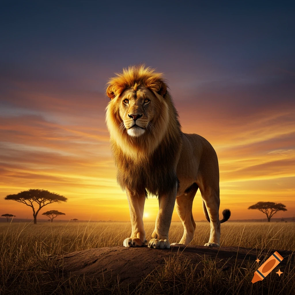 A majestic male lion stands on a rock in a golden savanna at sunset, with an orange and purple sky. Photorealistic.