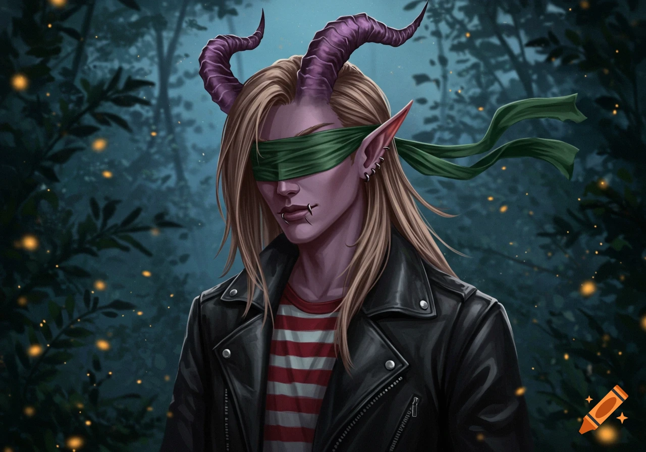A blindfolded elf with lavender horns and lip piercings wears a black jacket and striped shirt in a dark forest at night, digital art.