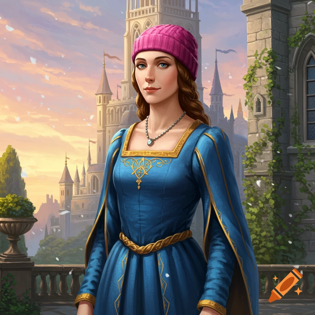 A digital painting of Eleanor of Aquitaine in a blue medieval gown and a pink beanie, standing before a castle at sunset.