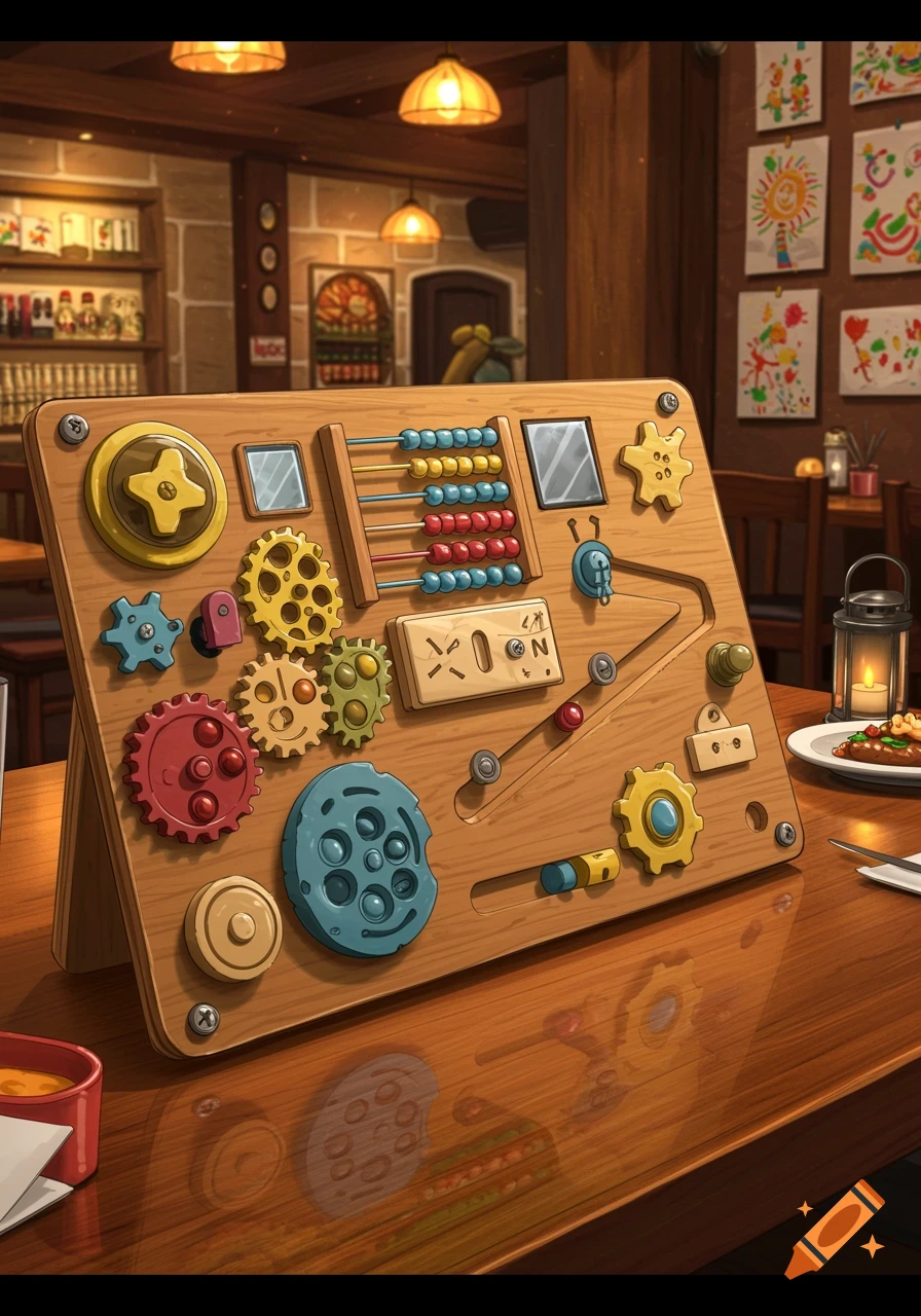A detailed wooden fidget board with colorful gears, abacus, and maze sits on a restaurant table with a warm, inviting atmosphere.