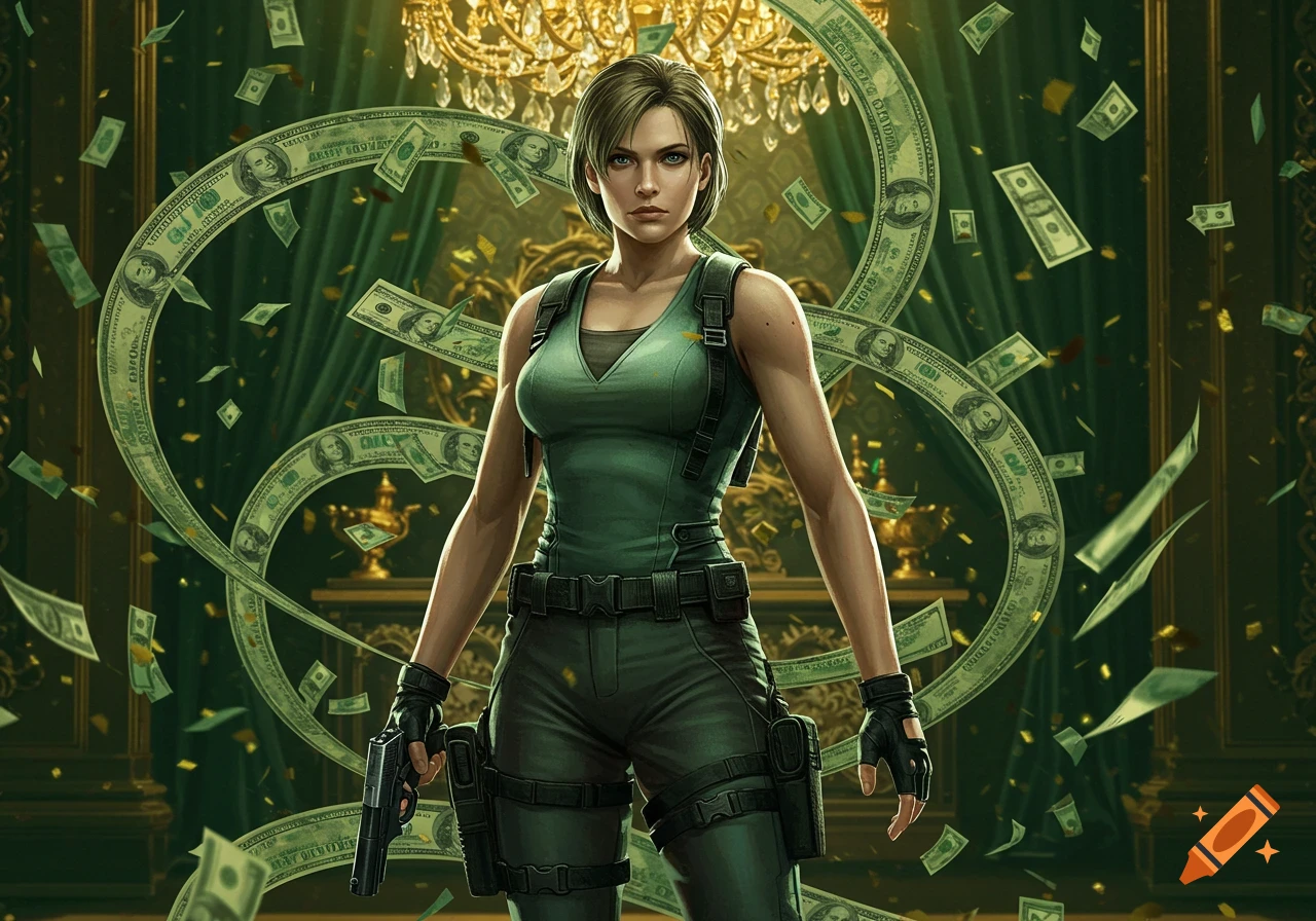 Jill Valentine in tactical gear, holding two pistols, surrounded by falling dollar bills in a luxurious room with a chandelier.