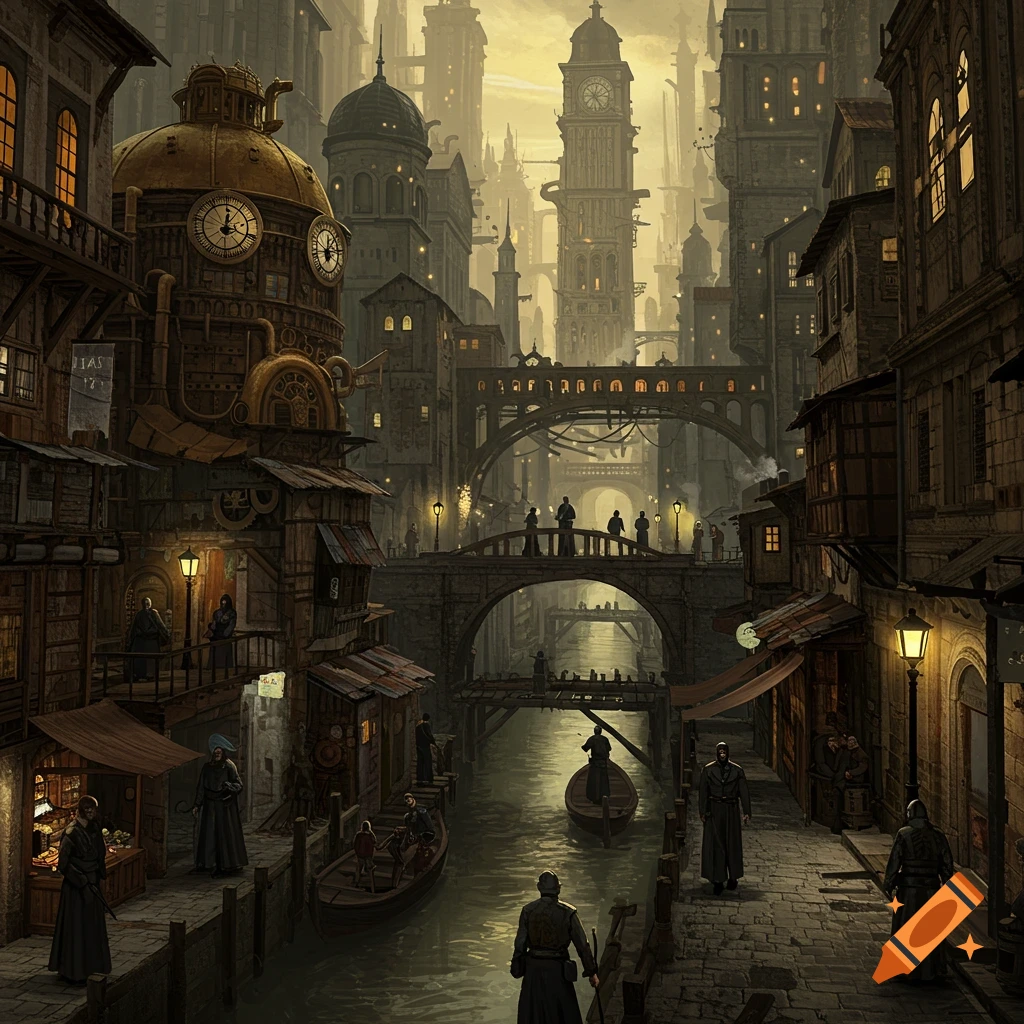 A sprawling steampunk fantasy city at dusk with canals, arched bridges, tall clock towers, and dark, multi-storied buildings. Cloaked figures walk along stone pathways and paddle boats on the water.