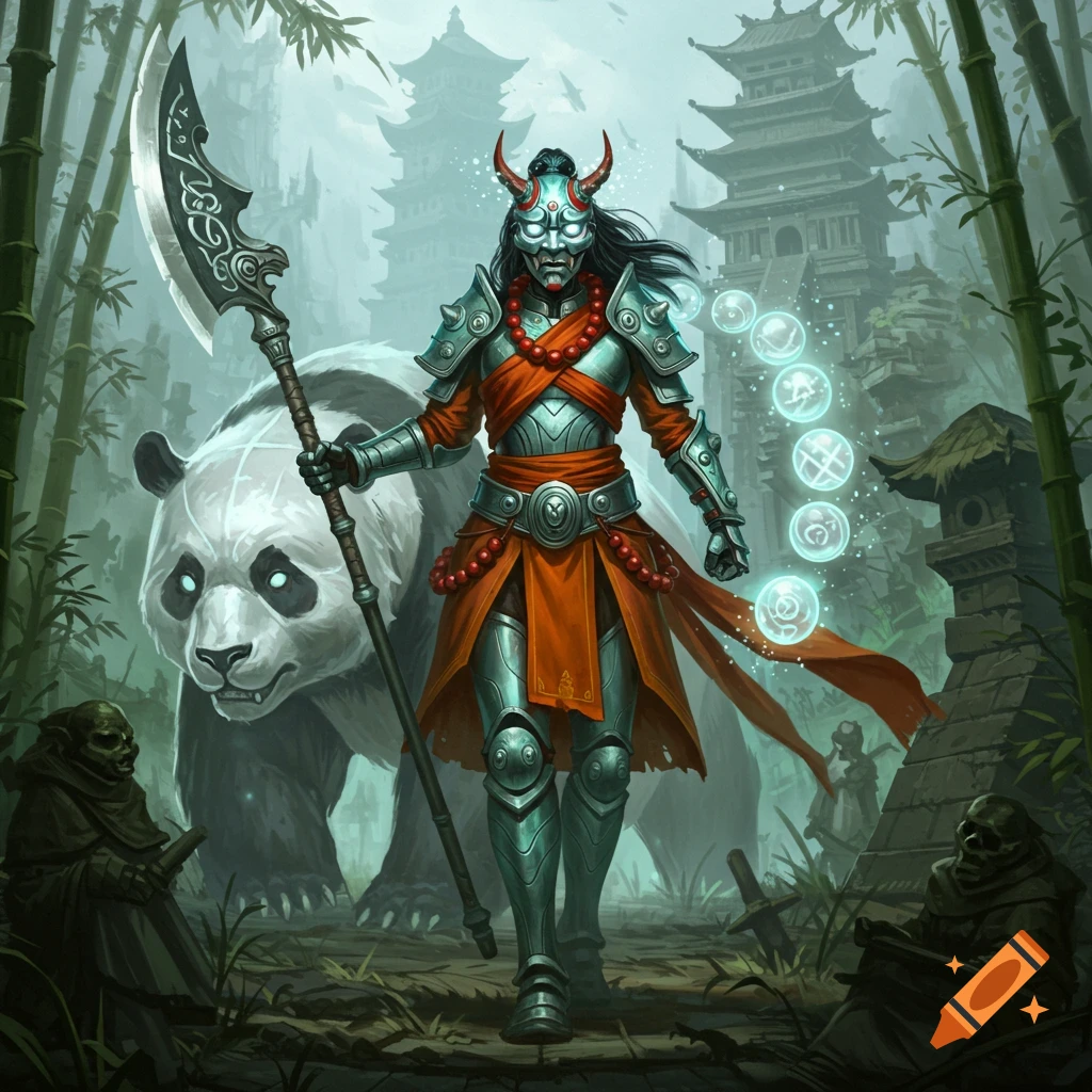 An armored warrior with a horned oni mask, holding a guandao spear, stands with a giant panda in a bamboo forest with pagodas, in epic fantasy art style.
