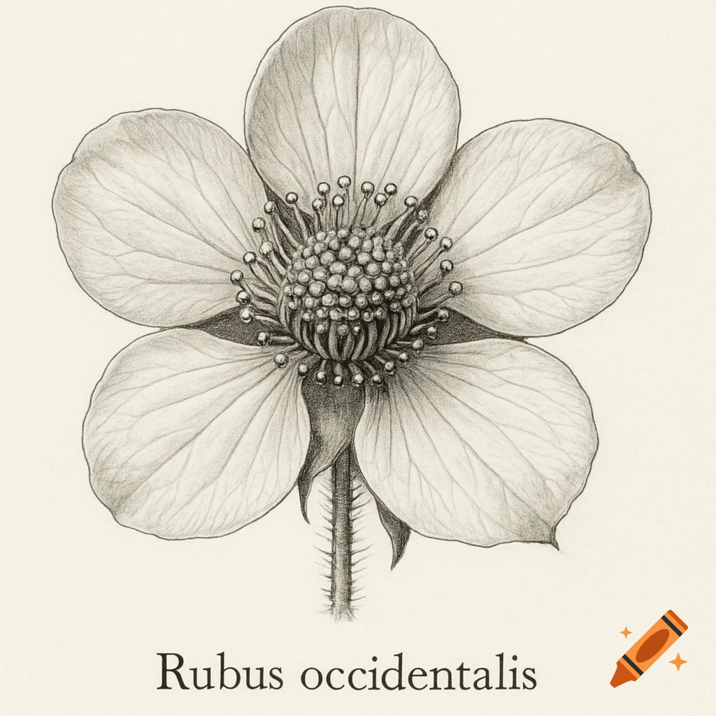 Detailed black and white botanical illustration of a black raspberry flower, Rubus occidentalis, with five petals and a central cluster of stamens.