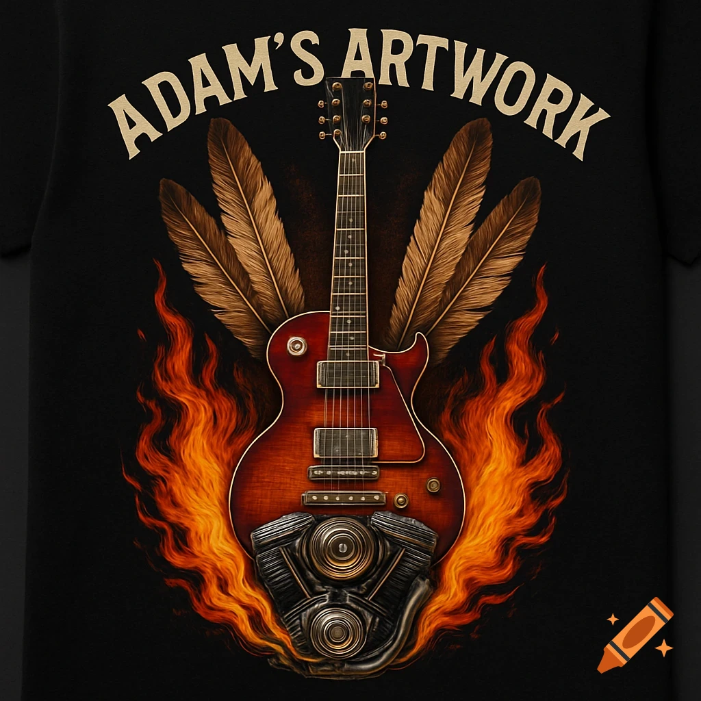 T-shirt design with a flaming guitar, engine, and feathers, with "ADAM'S ARTWORK" above, on a black background.