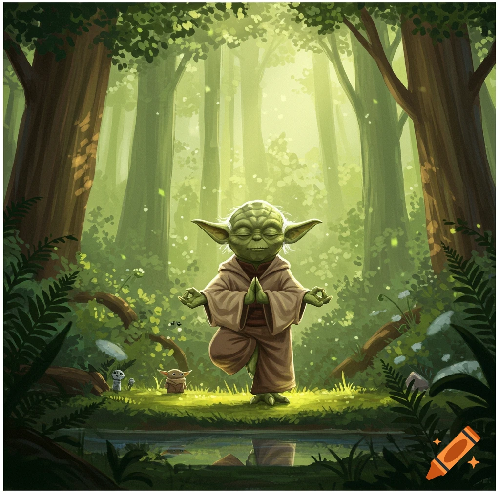Illustrated image of Yoda meditating in a lush green forest by a pond, with Grogu and a forest spirit in the background.
