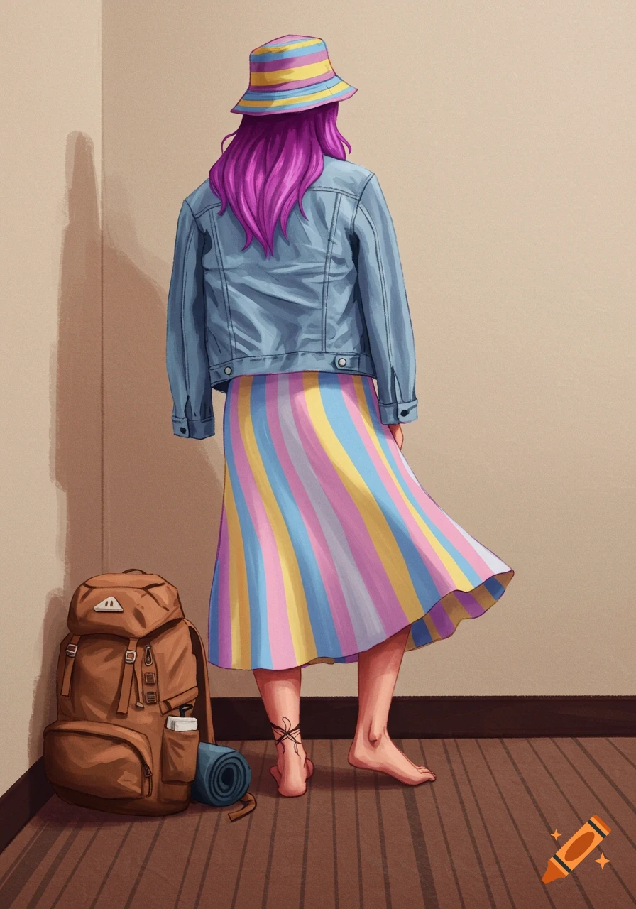 Digital illustration of a person with purple hair, striped skirt, denim jacket, bucket hat, barefoot by a backpack indoors.