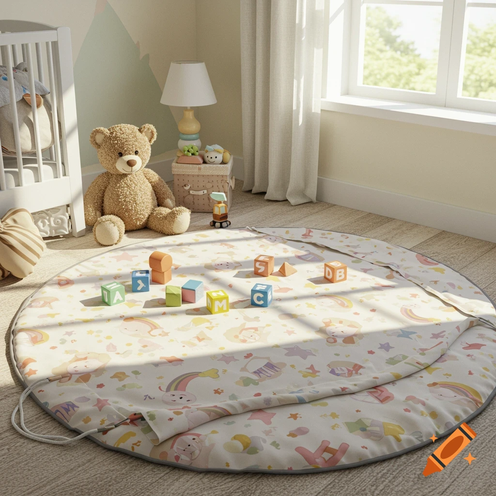 A cozy child's room with a teddy bear next to a crib and a large round play mat covered in toys and colorful letters.