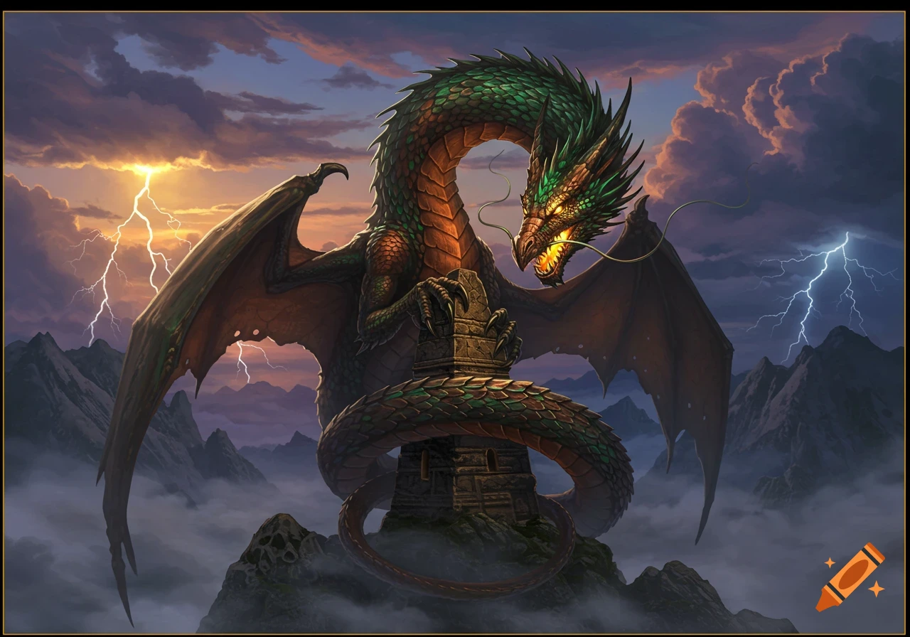 A fierce green and orange dragon perches on a stone structure amidst a stormy, mountainous landscape with lightning.