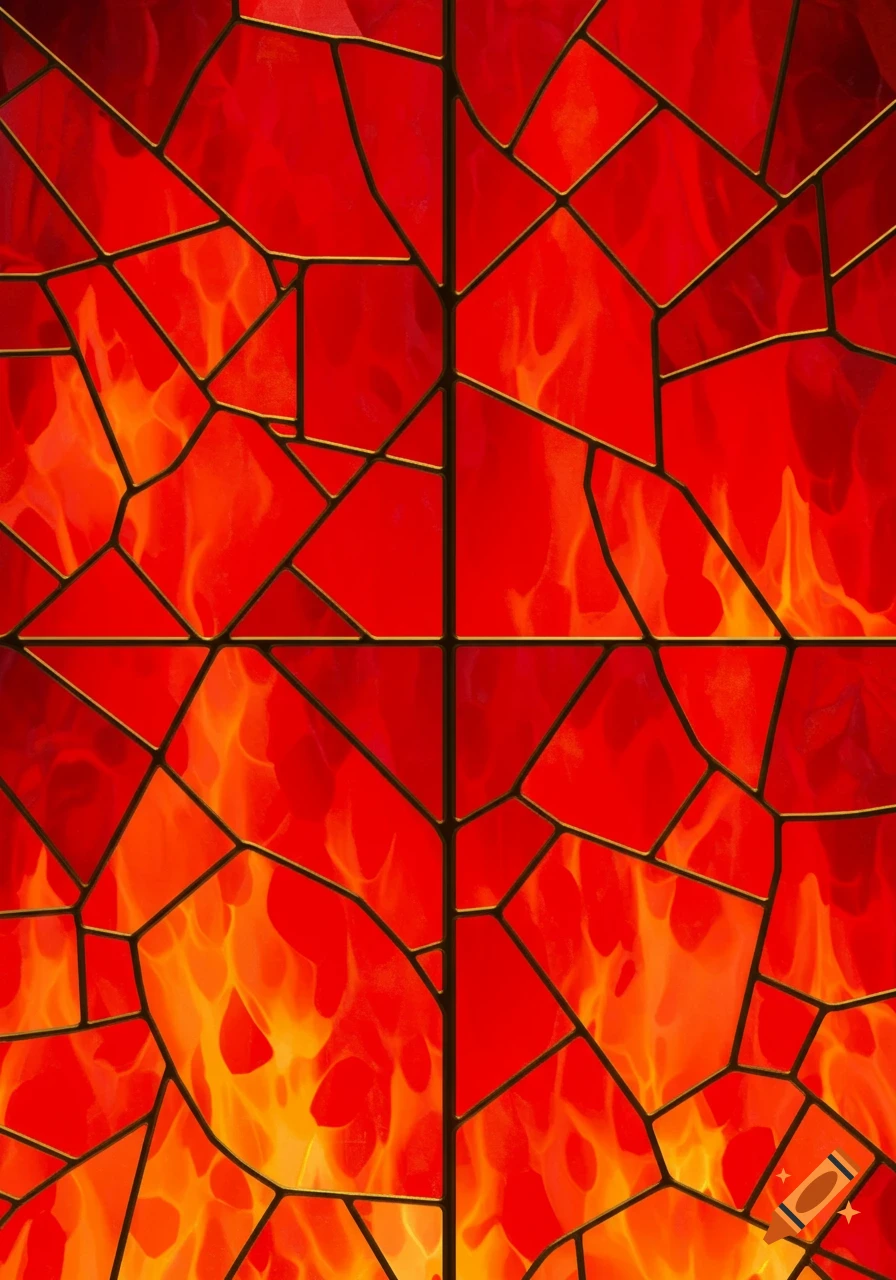 Stained glass art featuring vibrant red and orange flames segmented into four sections by dark lead lines.