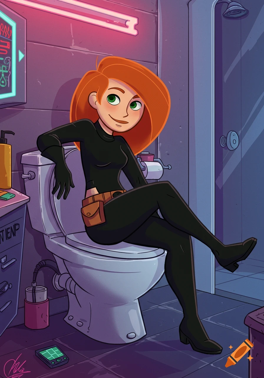 Kim Possible in her black suit sitting casually on a toilet in a neon-lit cartoon bathroom.