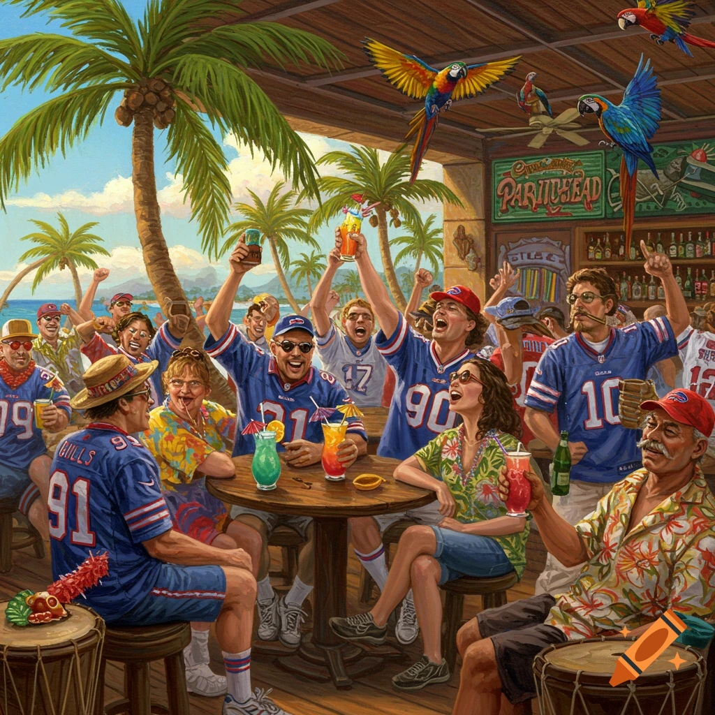 Vibrant painterly scene of Buffalo Bills fans cheering at a tropical beach bar, with palm trees, drinks, and colorful parrots.
