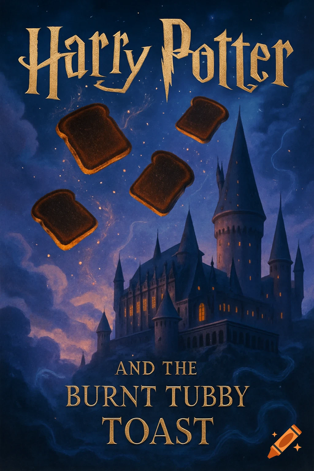 Fantasy book cover with Hogwarts castle at night, floating burnt toast, and gold text 'Harry Potter and the Burnt Tubby Toast'.