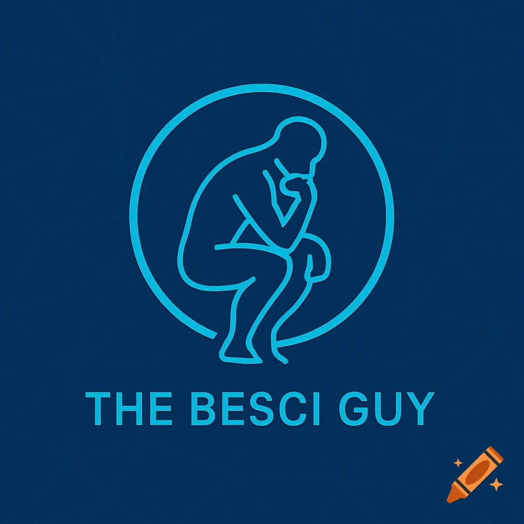 Blue outline icon of 'The Thinker' in a circle with 'THE BESCI GUY' text on a dark blue background.