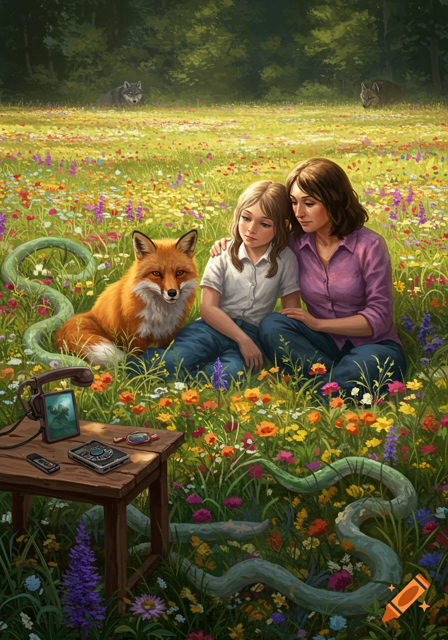 A mother and daughter sit in a vibrant wildflower field with a fox, surrounded by snakes. Wolves watch from the forest edge.