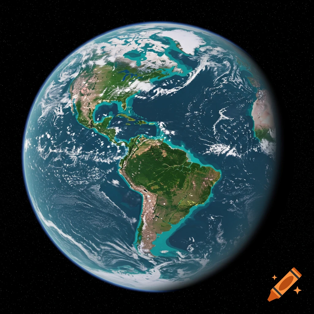 A photorealistic exoplanet with green continents, turquoise oceans, and white clouds, seen from space.