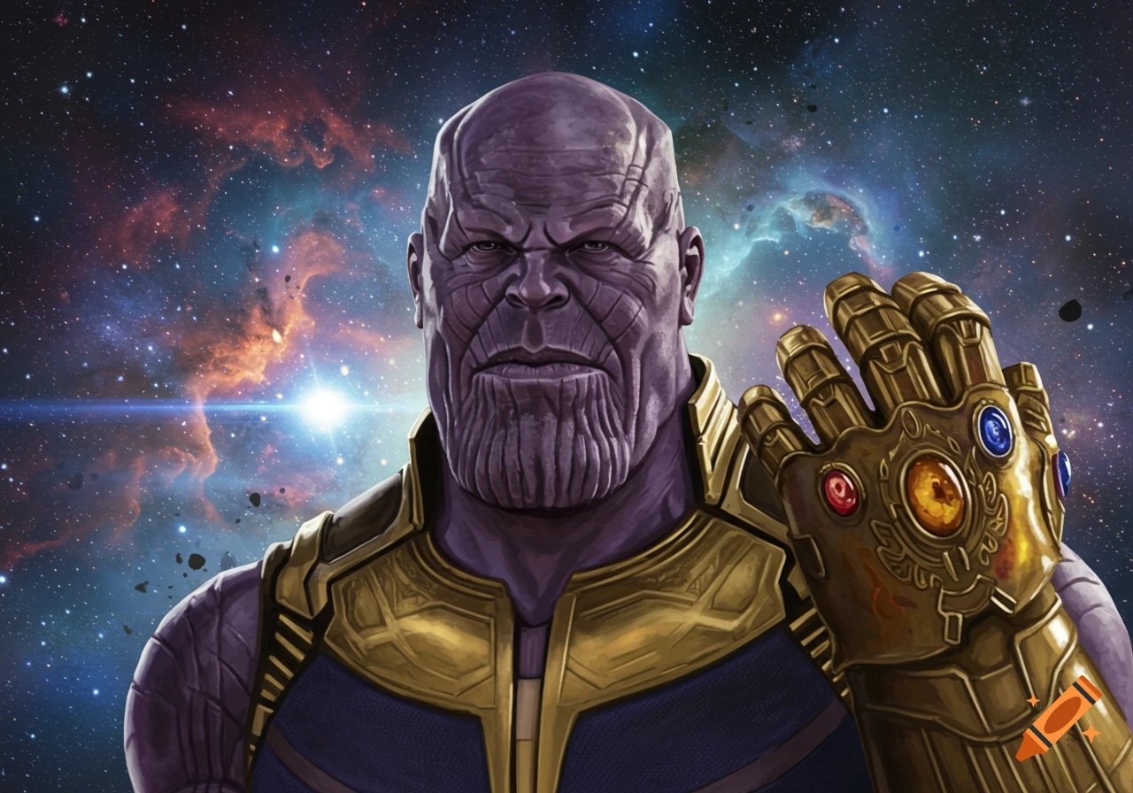 A detailed illustration of Thanos, stern-faced, wearing gold and purple armor and the Infinity Gauntlet, against a vibrant space nebula.
