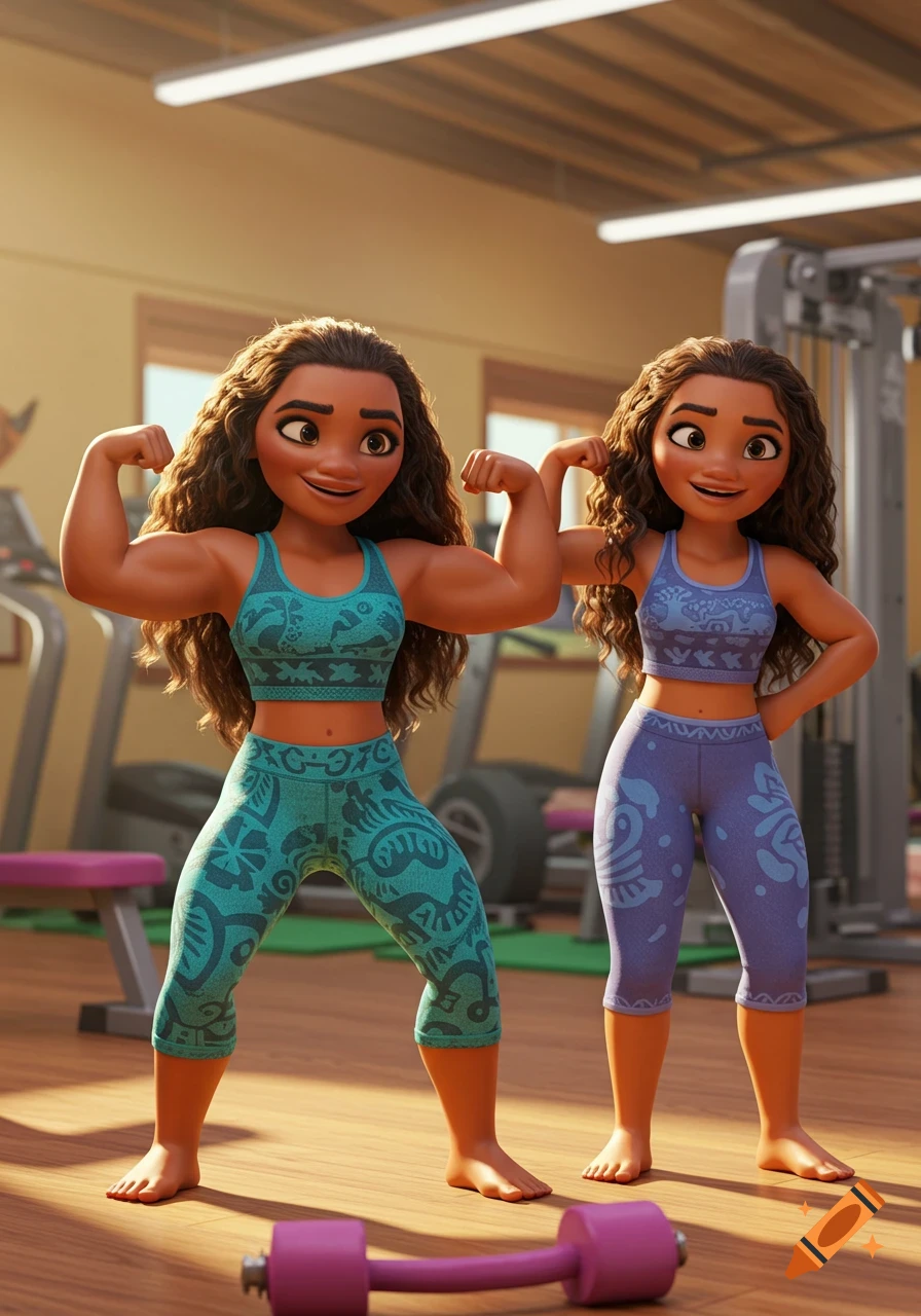 Two animated women resembling Moana flex their biceps in a gym, one more muscular than the other.