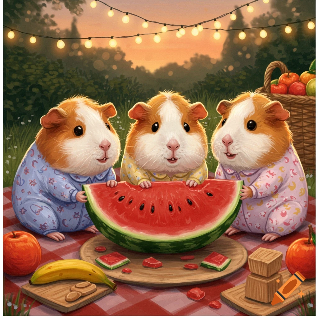 Three cute guinea pigs in pajamas share a watermelon at an outdoor picnic under string lights during sunset. Illustrated style.