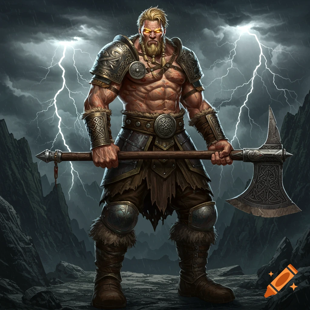 Muscular barbarian warrior with glowing eyes, holding a battleaxe, in a stormy mountain landscape with lightning.