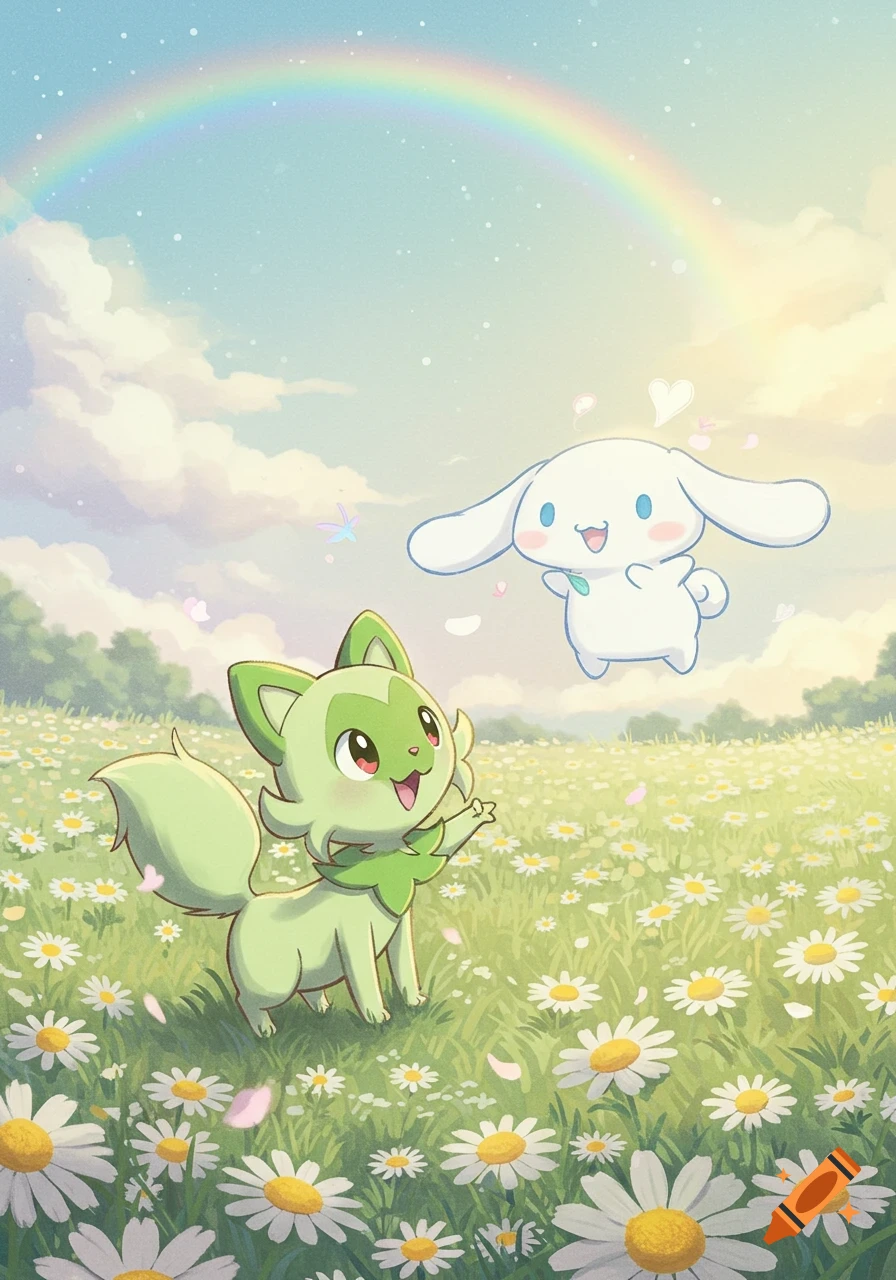 Cute anime characters Sprigatito and Cinnamoroll float in a sunny daisy field under a rainbow.