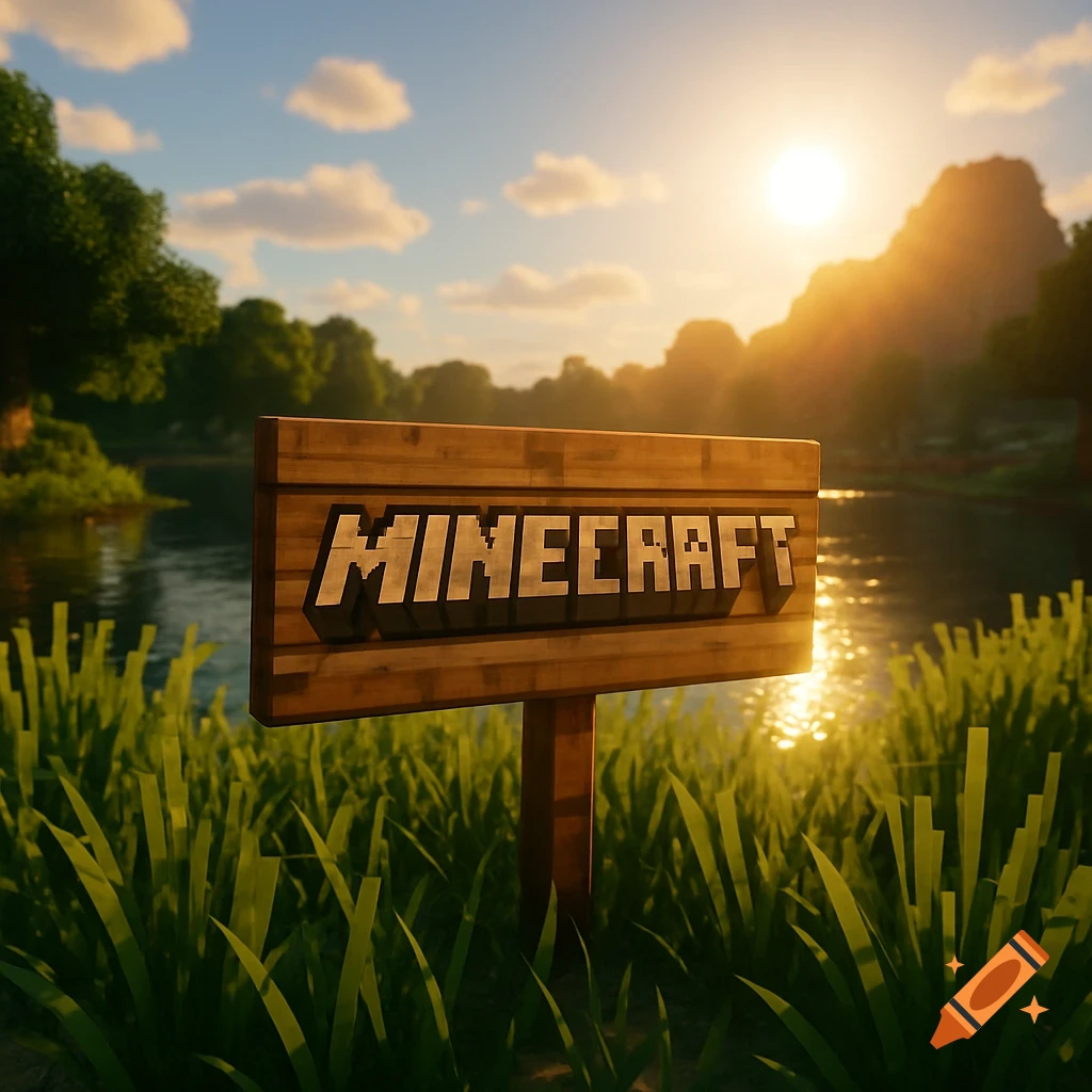 A wooden Minecraft sign in tall grass by a lake at sunset, with sun rays reflecting on water and trees.