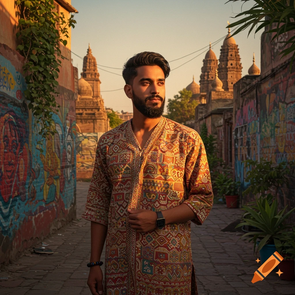 A man with a beard wearing a patterned tunic stands in a graffiti-covered alleyway with ornate temples in the background at sunset, photorealistic.