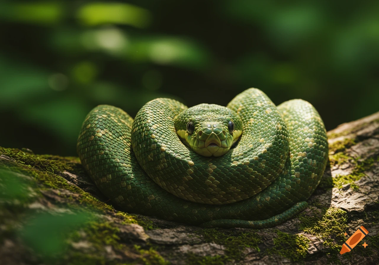 A vibrant green snake with yellow markings coiled on a mossy tree branch in a lush, green environment.