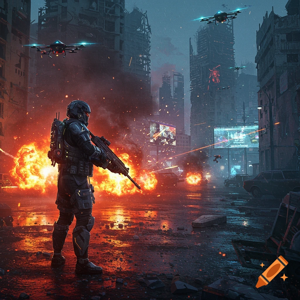 A futuristic soldier with a rifle stands in a war-torn city street amidst explosions, with combat drones flying above destroyed buildings.