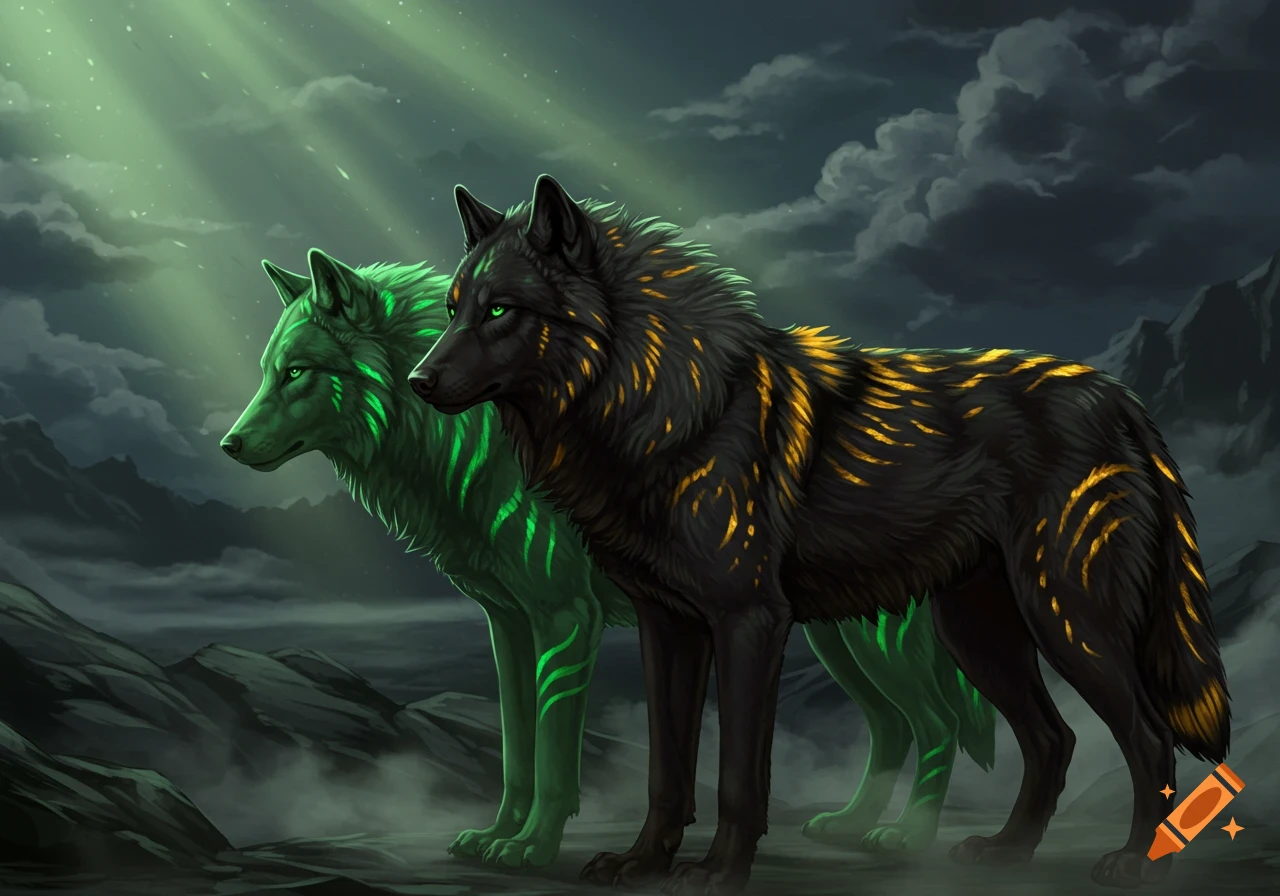 Two stylized wolves, one black with gold stripes, one green with green stripes, in a misty fantasy landscape.