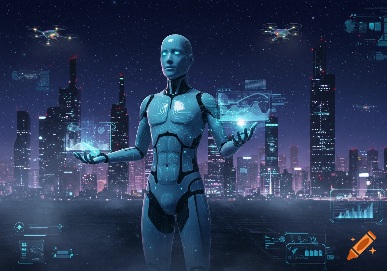 A sleek, humanoid robot stands in a futuristic cityscape at night, holding glowing holographic data displays as drones fly overhead.