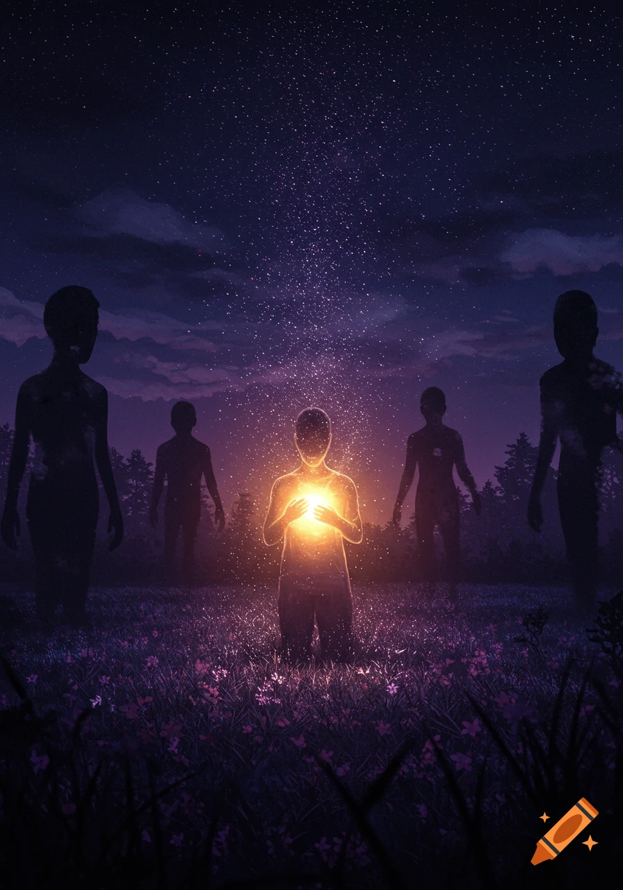 Silhouetted figures in a dark field under a starry night, one glowing brightly in the center, surrounded by purple flowers.