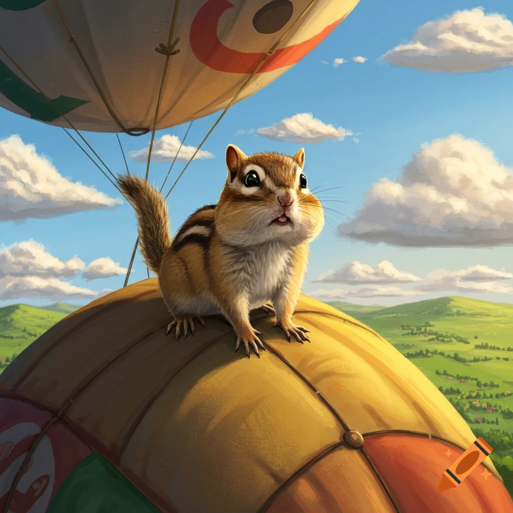 A cute chipmunk with big eyes sits atop a colorful hot air balloon, flying over a green landscape with clouds in a blue sky. Digital art.