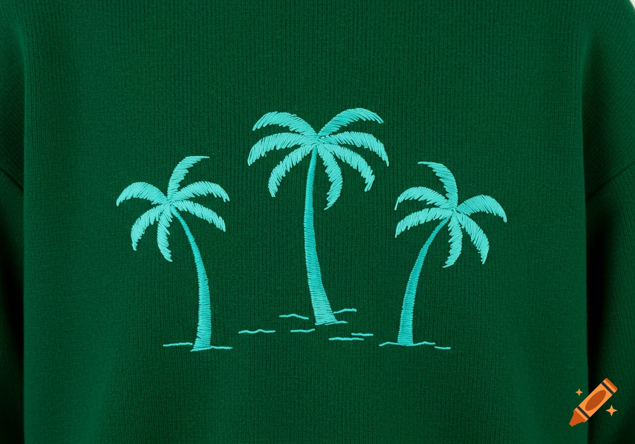 Close-up of a dark green sweater with three embroidered aqua blue palm trees.