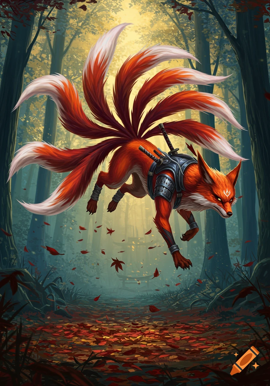 A majestic red nine-tailed fox (kitsune) in armor with katanas leaps through a vibrant, magical autumn forest.