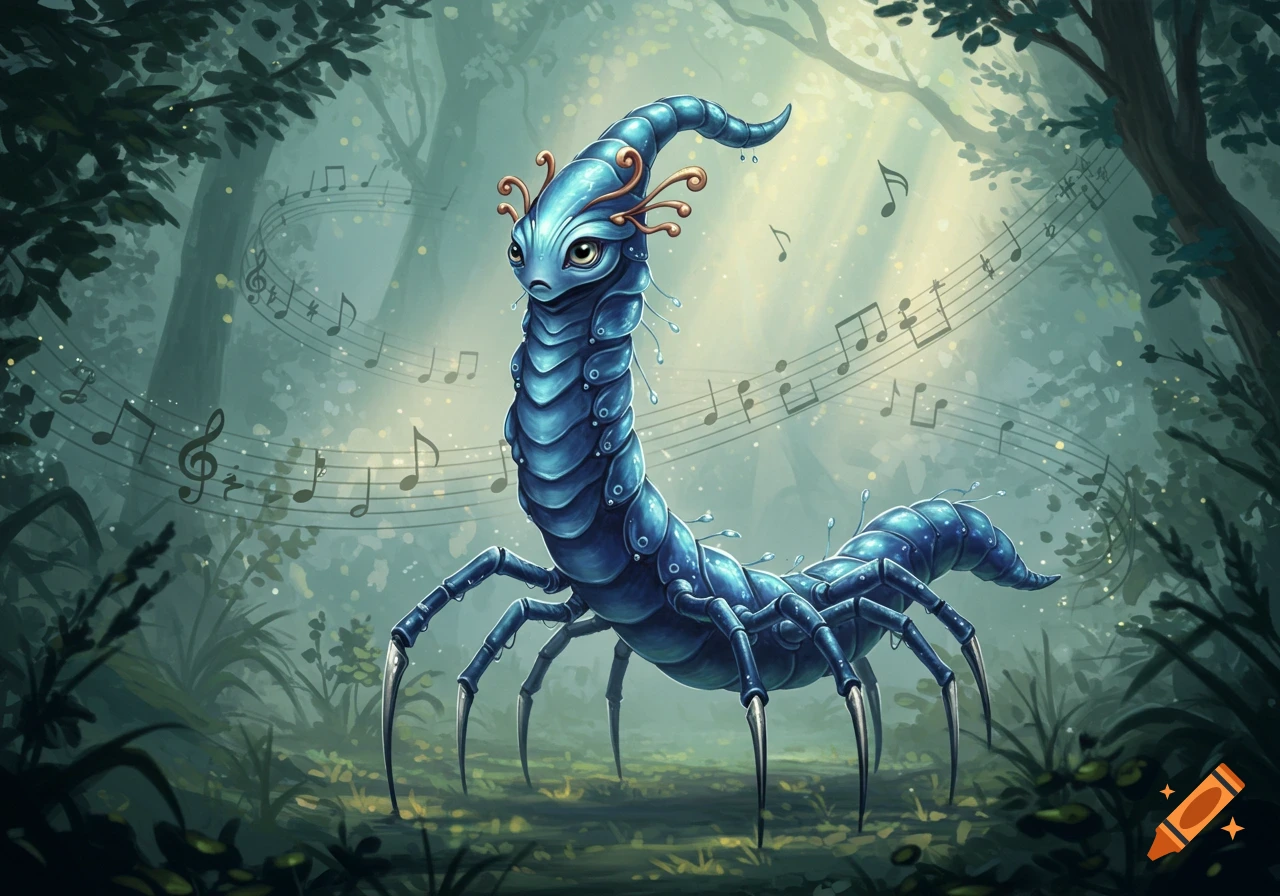 A blue, segmented, centipede-like fantasy creature with many legs stands in a misty forest, surrounded by floating musical notes.