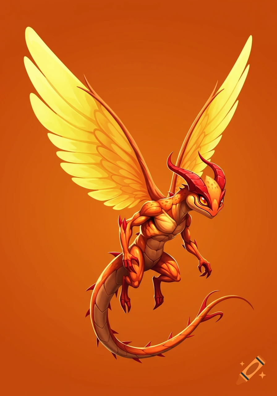 A stylized cartoon dragon-like creature with an orange body, red horns, yellow wings, and a long tail, crouches on an orange background.