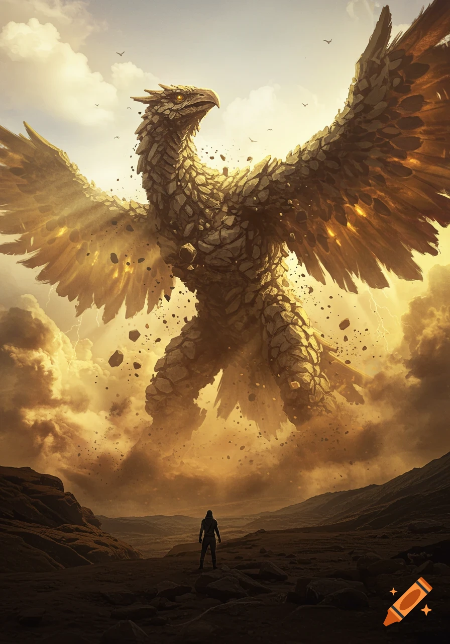 A colossal bird-like monster made of rocks emerges from golden clouds above a tiny human in a barren landscape, digital art.