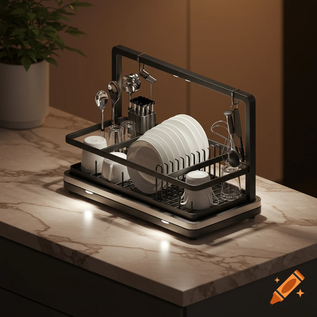 A modern, dark-framed dish rack with white plates, cups, and utensils sits on a light marble kitchen countertop, illuminated by soft lights.