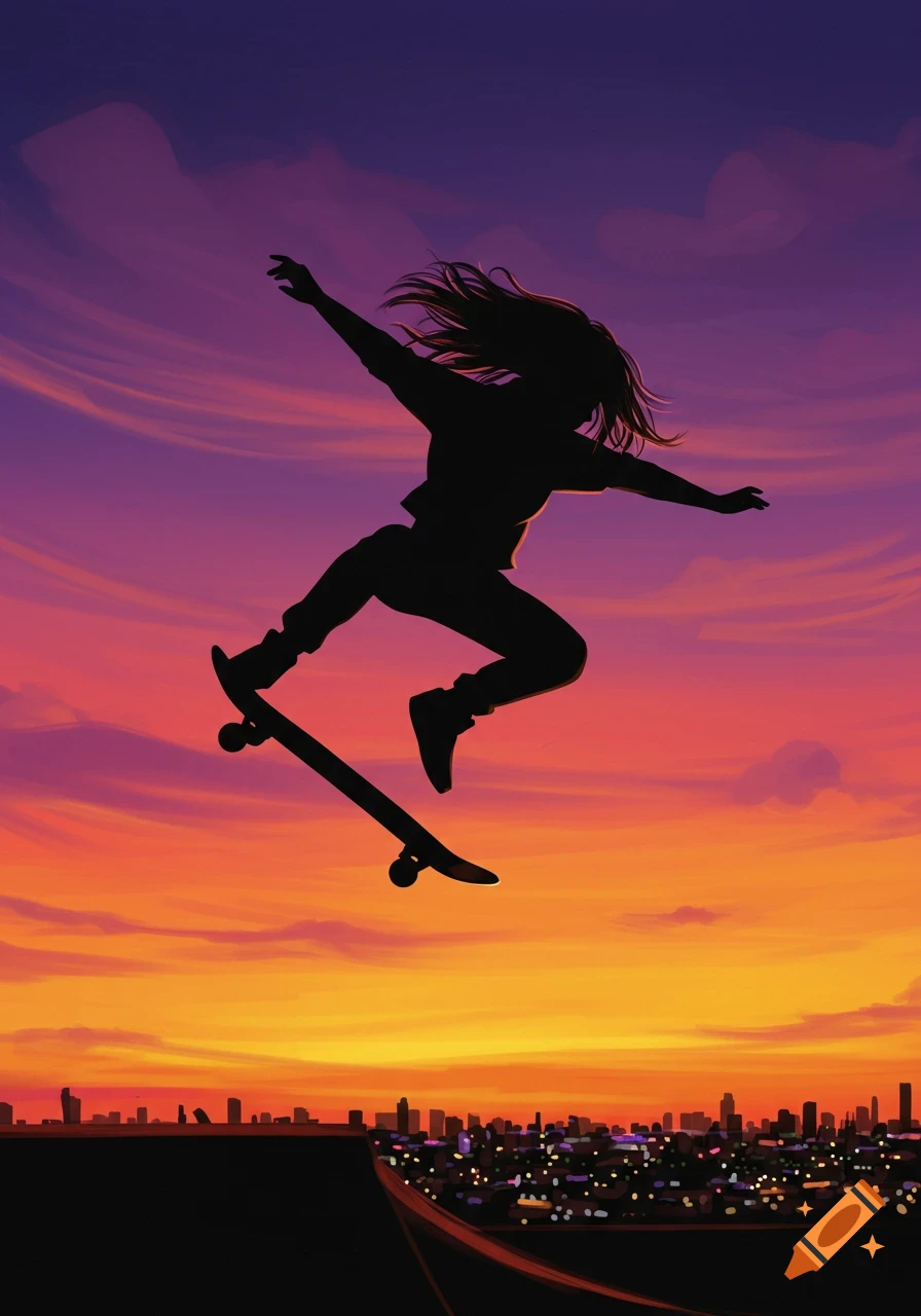 Silhouette of a person doing an ollie on a skateboard against a vibrant sunset over a city skyline.