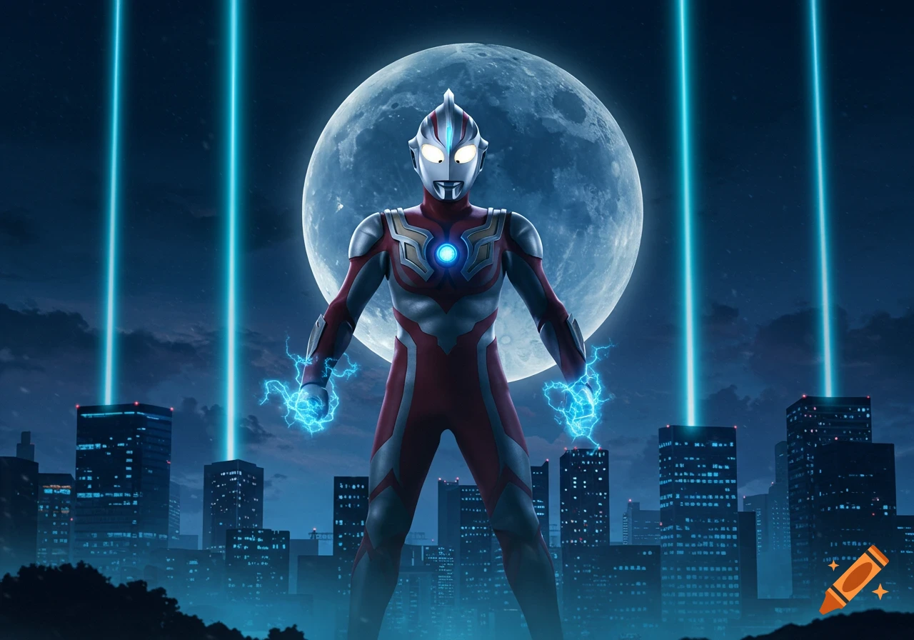 Ultraman stands in a city at night, electricity crackling in his hands, with a large full moon and blue energy beams behind him.