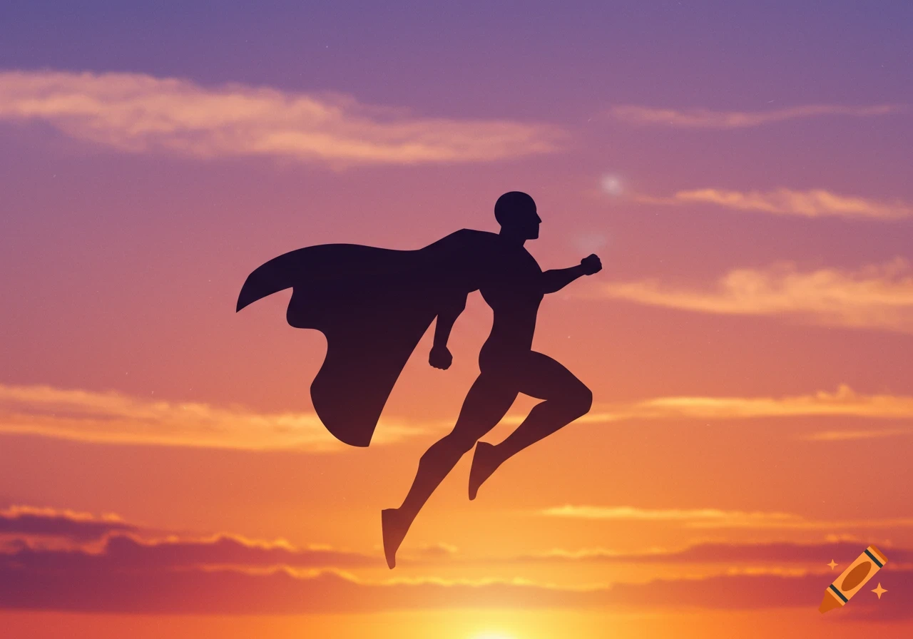 Silhouette of a superhero with a flowing cape flying against a vibrant purple and orange sunset sky.