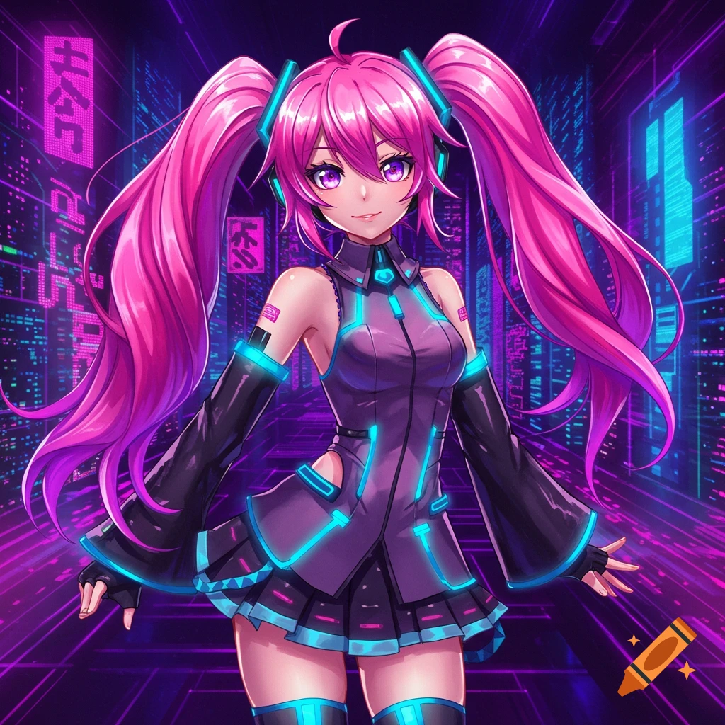 An anime girl with long pink pigtails, purple eyes, and a dark, glowing blue and purple futuristic outfit stands in a neon cyberpunk city.