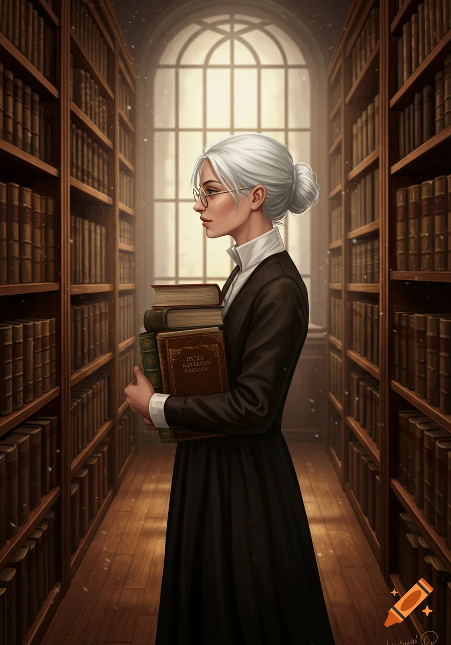 A scholarly white-haired woman with glasses stands in a library, carrying a stack of old books, in a detailed illustration.