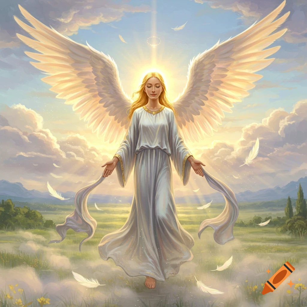 A serene angel with golden hair and large white wings stands with outstretched arms among clouds and falling feathers above a green landscape, in an ethereal art style.