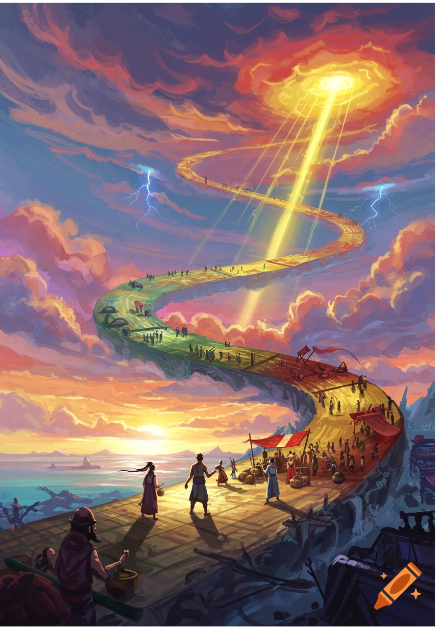 A vibrant fantasy illustration of a winding, colorful path ascending into a celestial light from a bustling ground level.