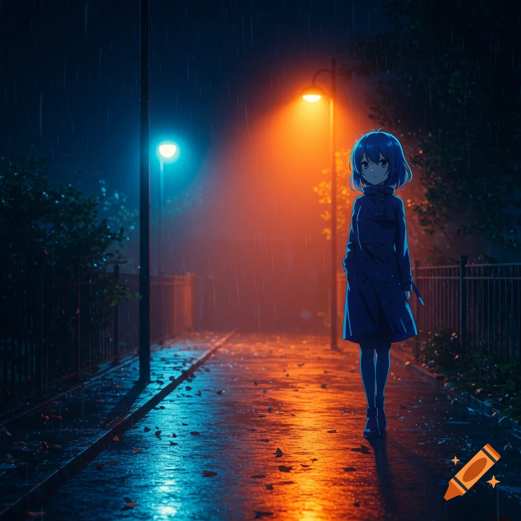 Anime girl walks alone on a wet sidewalk at night in the rain, illuminated by blue and orange streetlights.