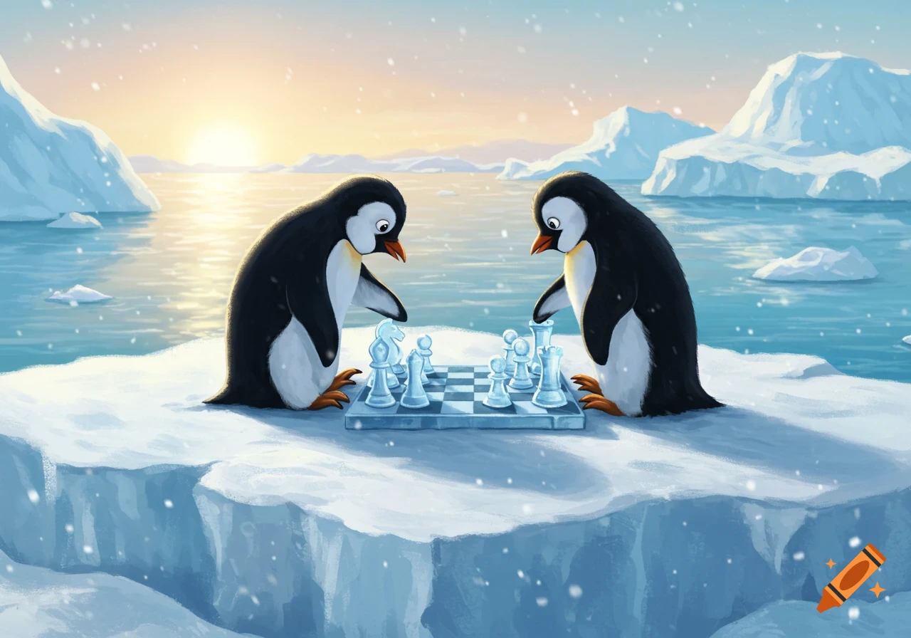 Two cartoon penguins playing chess on an ice floe with a sunrise in the arctic.