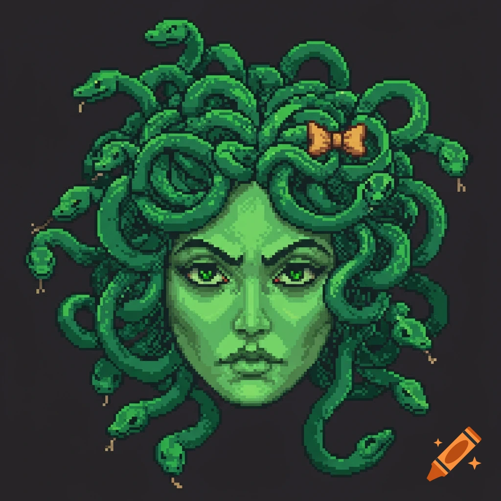 Pixel art illustration of Medusa's head with a green face, emerald eyes, and green snakes for hair, adorned with an orange bow.