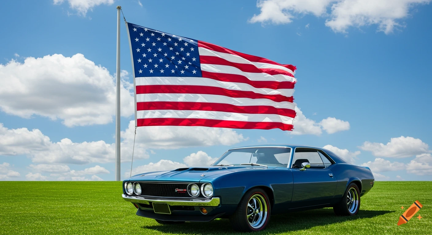 A blue vintage muscle car is parked on vibrant green grass, with a large American flag waving in the background under a blue sky with white clouds.